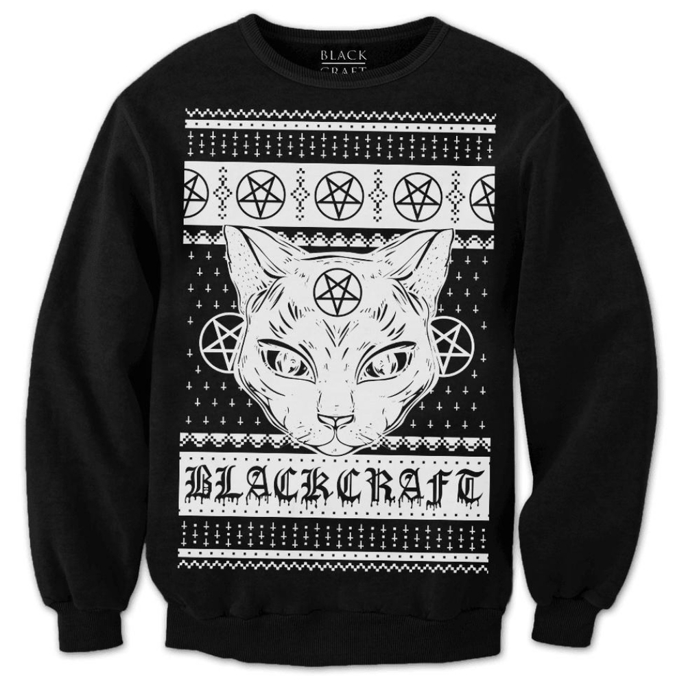 Hot Topic Black and White Cat Graphic Crewneck Sweater